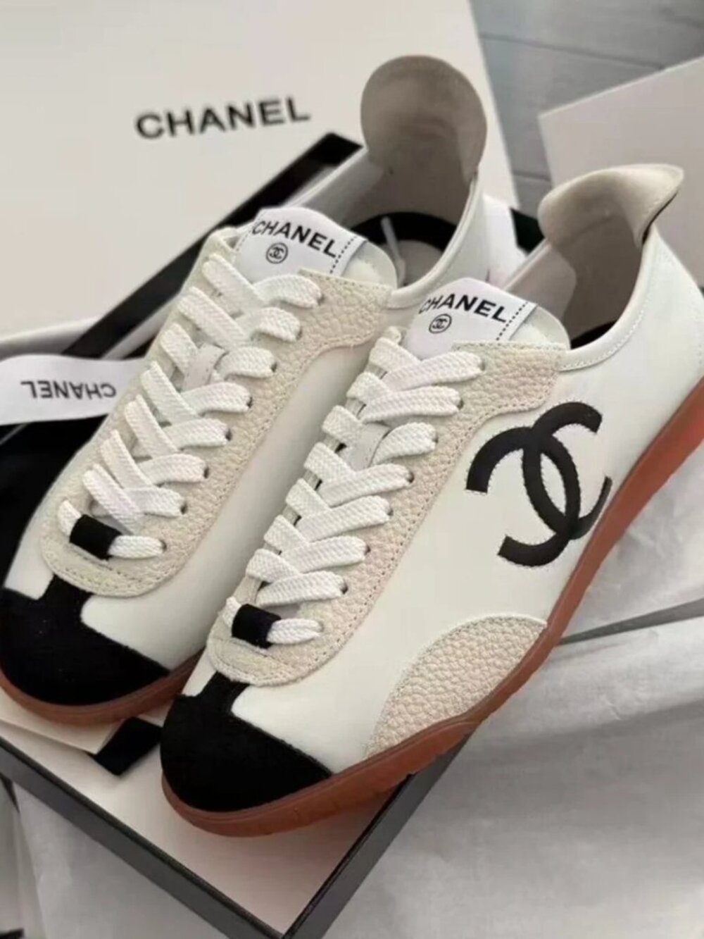 Chanel White Black CC Logo Leather Sneakers Gum Sole